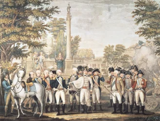 La rendición británica al General Washington después de su derrota en Yorktown, Virginia, octubre de 1781